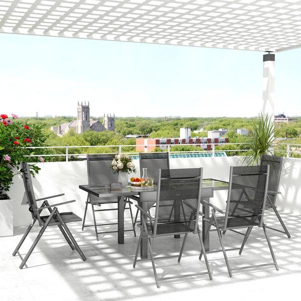 7 Piece Outdoor Dining Set, Garden Furniture Set with Extendable Table and 6 Folding Chairs, Outdoor Conversation Set with 5mm Tempered Glass Top & Aluminium Frame, for Patio, Balcony, Deck