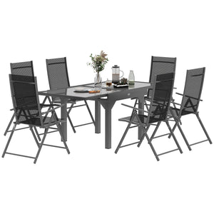 7 Piece Outdoor Dining Set, Garden Furniture Set with Extendable Table and 6 Folding Chairs, Outdoor Conversation Set with 5mm Tempered Glass Top & Aluminium Frame, for Patio, Balcony, Deck