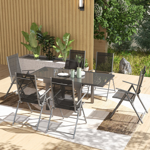 7 Piece Outdoor Dining Set, Garden Furniture Set with Extendable Table and 6 Folding Chairs, Outdoor Conversation Set with 5mm Tempered Glass Top & Aluminium Frame, for Patio, Balcony, Deck