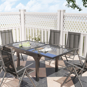 7 Piece Outdoor Dining Set, Garden Furniture Set with Extendable Table and 6 Folding Chairs, Outdoor Conversation Set with 5mm Tempered Glass Top & Aluminium Frame, for Patio, Balcony, Deck