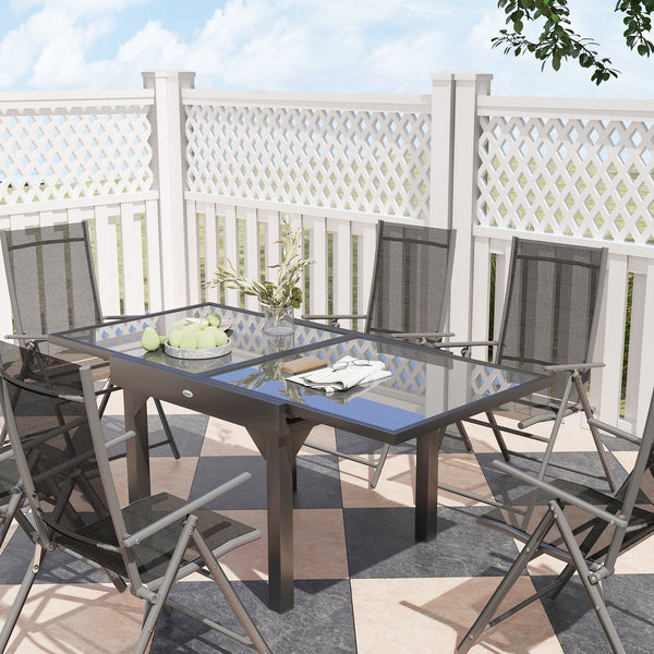 7 Piece Outdoor Dining Set, Garden Furniture Set with Extendable Table and 6 Folding Chairs, Outdoor Conversation Set with 5mm Tempered Glass Top & Aluminium Frame, for Patio, Balcony, Deck