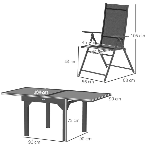 7 Piece Outdoor Dining Set, Garden Furniture Set with Extendable Table and 6 Folding Chairs, Outdoor Conversation Set with 5mm Tempered Glass Top & Aluminium Frame, for Patio, Balcony, Deck