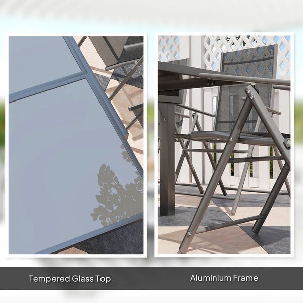 7 Piece Outdoor Dining Set, Garden Furniture Set with Extendable Table and 6 Folding Chairs, Outdoor Conversation Set with 5mm Tempered Glass Top & Aluminium Frame, for Patio, Balcony, Deck