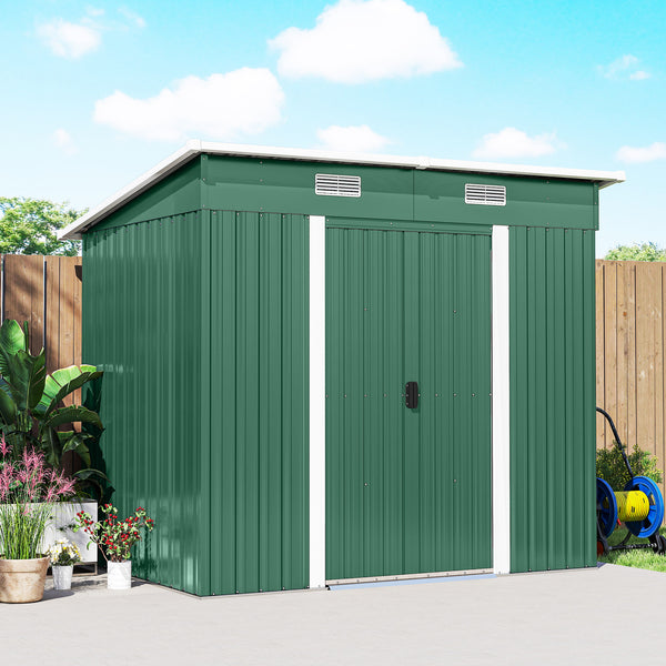 7'x 4' Outdoor Storage Shed, Metal Garden Shed with Lockable Double Doors, Foundation Kit and Vents for Patio, Backyard, Tool Storage, Green