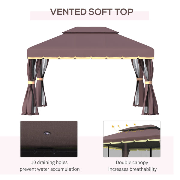 Outsunny 10' x 13' Patio Gazebo, Outdoor Gazebo Canopy Shelter with Netting and Curtains, Aluminum Frame for Garden, Lawn, Backyard and Deck, Coffee