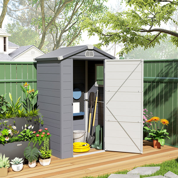 4.4' x 3.3' Garden Storage Shed, Outdoor Storage Patio Shed with Aluminum Frame, Galvanized Foundation Kit, Latched Door, Air Vents, Window for Backyard, Lawn, Grey