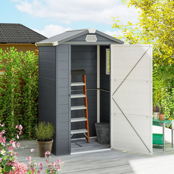 4.4' x 3.3' Garden Storage Shed, Outdoor Storage Patio Shed with Aluminum Frame, Galvanized Foundation Kit, Latched Door, Air Vents, Window for Backyard, Lawn, Grey