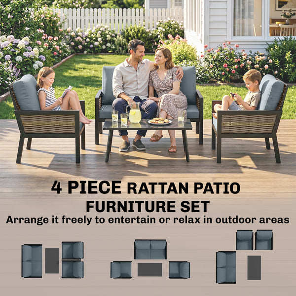 4 Seater Rattan Garden Furniture Set with 2 Armchairs, Loveseat, Coffee Table, Garden Sofa Set with Cushions, Outdoor Furniture Conversation Sets for Patio, Grey
