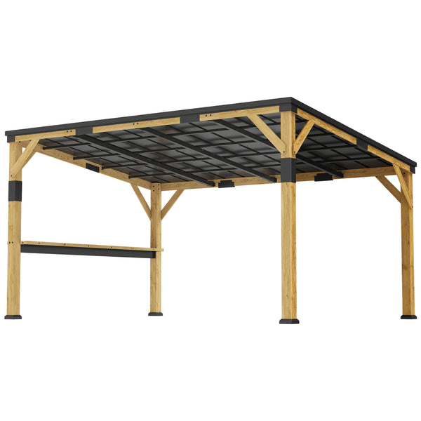 10' x 14' Wooden Gazebo, Hardtop Lean-to Gazebo Pergola with Galvanized Steel Sloped Roof, Bar Shelf, Large Heavy Duty Awning for Patio, Deck, Backyard, Natural Wood