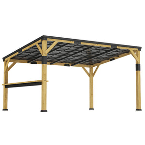10' x 14' Wooden Gazebo, Hardtop Lean-to Gazebo Pergola with Galvanized Steel Sloped Roof, Bar Shelf, Large Heavy Duty Awning for Patio, Deck, Backyard, Natural Wood