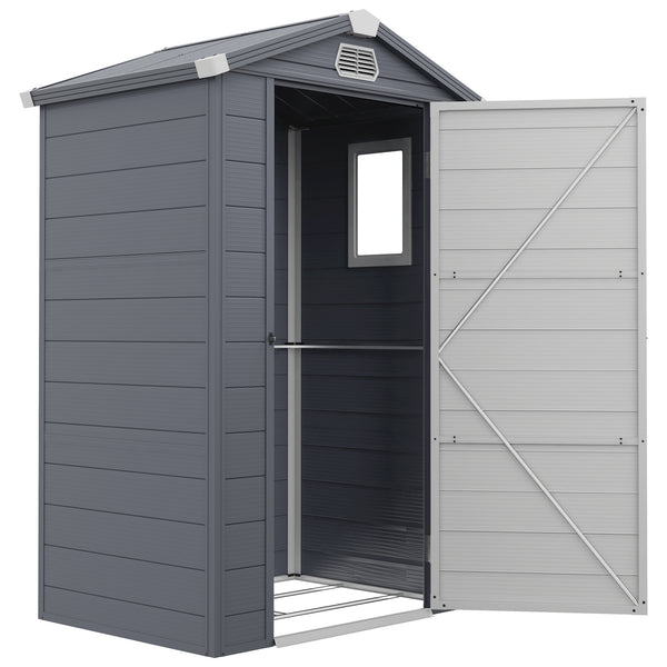 4.4' x 3.3' Garden Storage Shed, Outdoor Storage Patio Shed with Aluminum Frame, Galvanized Foundation Kit, Latched Door, Air Vents, Window for Backyard, Lawn, Grey