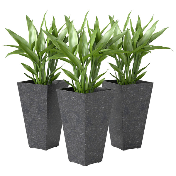 28 Inch Tall Planters for Outdoor Plants, Set of 3 Plastic Flower Pots with Marble Finish and Drainage Holes, Stackable Tapered Large Planters for Indoor Plants, Front Porch Decor, Black