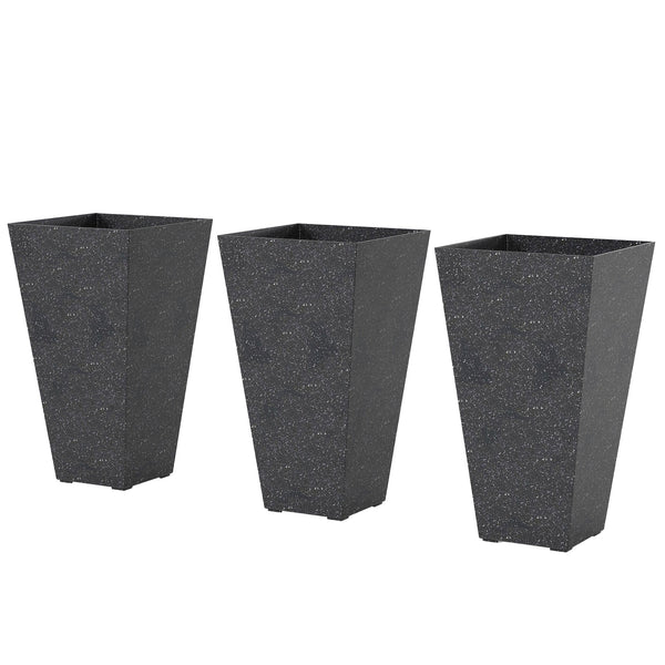 28 Inch Tall Planters for Outdoor Plants, Set of 3 Plastic Flower Pots with Marble Finish and Drainage Holes, Stackable Tapered Large Planters for Indoor Plants, Front Porch Decor, Black