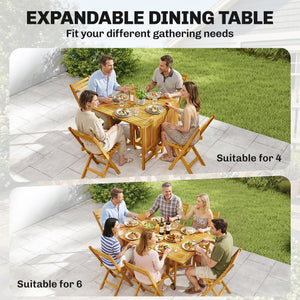 7 Pieces Garden Dining Set, Extending Dining Table and 6 Folding Chairs with Umbrella Hole, Garden Furniture Set with FSC-Certified Acacia Wood for Patio, Natural Wood