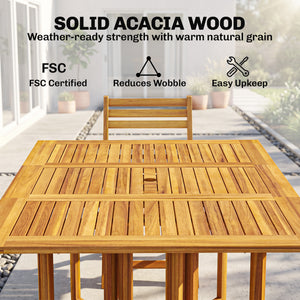 7 Pieces Garden Dining Set, Extending Dining Table and 6 Folding Chairs with Umbrella Hole, Garden Furniture Set with FSC-Certified Acacia Wood for Patio, Natural Wood