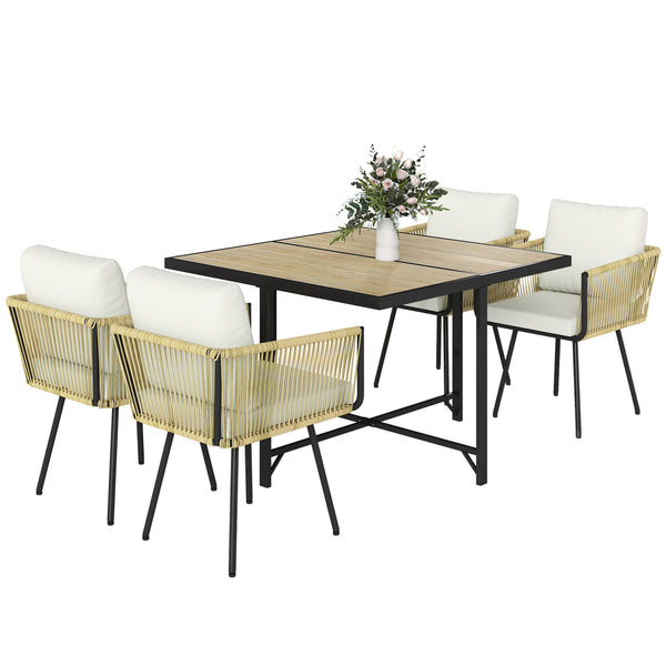 5 Piece Rattan Garden Furniture Set, Garden Dining Set with Wood-Plastic Table and 4 Stackable Chairs, Rattan Table and Chairs with 4 Cushions for Patio, Terrace, Beige