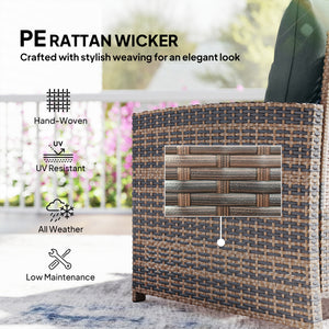 5 Piece Patio Furniture Set, Wicker Patio Chairs with Ottomans, 2-Tier Glass Coffee Table, Cushions, Outdoor Patio Furniture Conversation Set for Balcony, Brown/Dark Grey