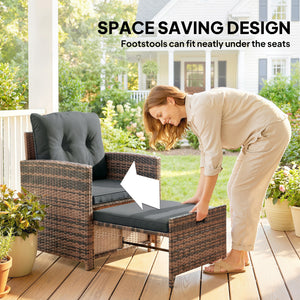 5 Piece Patio Furniture Set, Wicker Patio Chairs with Ottomans, 2-Tier Glass Coffee Table, Cushions, Outdoor Patio Furniture Conversation Set for Balcony, Brown/Dark Grey