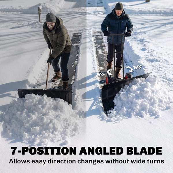 Snow Shovel with Wheels, 29" x 18" Heavy Duty Metal Snow Pusher with 5-Level Adjustable Handle, 7-Angle Blade, Bottom Wear Strip for Driveway, Sidewalks, Garden, Deck, Black