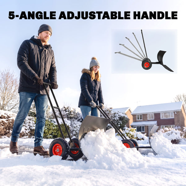 Snow Shovel with Wheels, 29" x 18" Heavy Duty Metal Snow Pusher with 5-Level Adjustable Handle, 7-Angle Blade, Bottom Wear Strip for Driveway, Sidewalks, Garden, Deck, Black