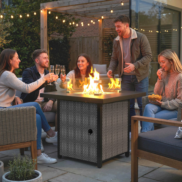 Propane Gas Fire Pit Table for Garden, 11.7 KW Smokeless Firepit Outdoor Heater with Wind Guard, Glass Rocks, Lid, Diamond Pattern Sides, Outdoor Garden Dining Table, 71 x 71 x 63cm, Black