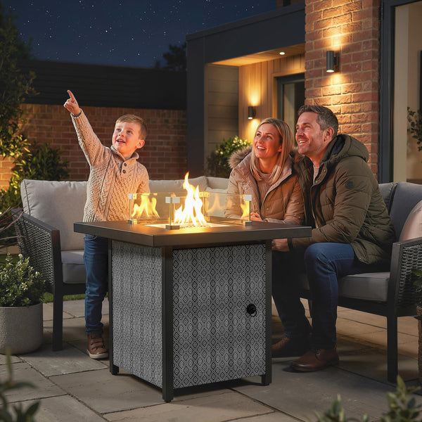 Propane Gas Fire Pit Table for Garden, 11.7 KW Smokeless Firepit Outdoor Heater with Wind Guard, Glass Rocks, Lid, Diamond Pattern Sides, Outdoor Garden Dining Table, 71 x 71 x 63cm, Black