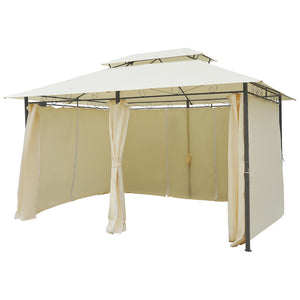 4m x 3(m)Garden Gazebo, Double Roof Outdoor Gazebo Canopy Shelter with Curtains, Solid Steel Frame for Lawn and Deck, Beige