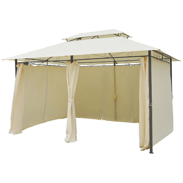 4m x 3(m)Garden Gazebo, Double Roof Outdoor Gazebo Canopy Shelter with Curtains, Solid Steel Frame for Lawn and Deck, Beige