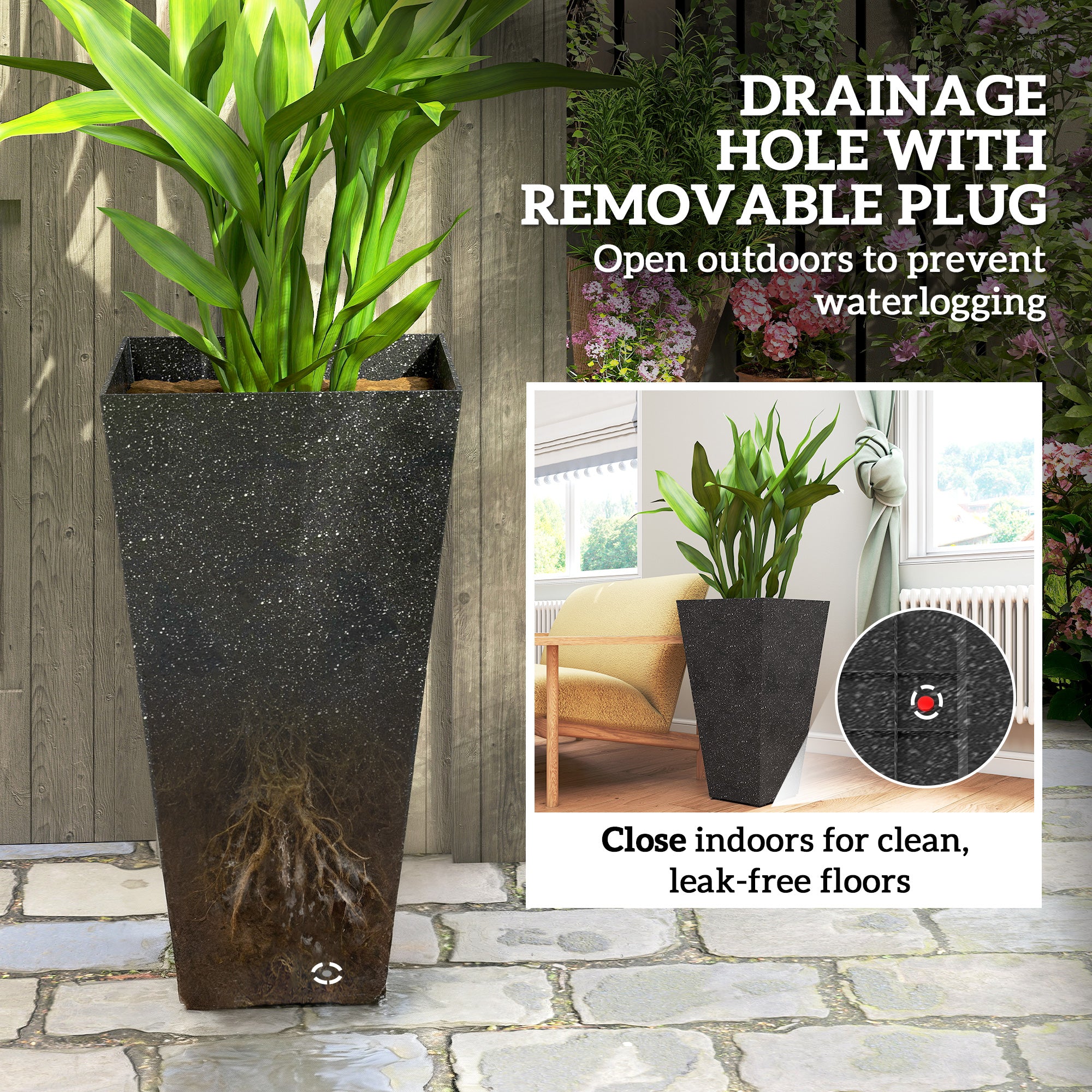 plastic tall planter pots Outsunny 28" Tall Planters, Set of 3 Plastic Flower Pots with Marble Finish and Drainage Holes, Stackable Taper Planters, Black