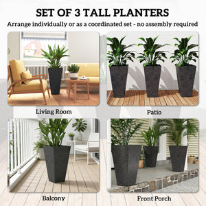 28 Inch Tall Planters for Outdoor Plants, Set of 3 Plastic Flower Pots with Marble Finish and Drainage Holes, Stackable Tapered Large Planters for Indoor Plants, Front Porch Decor, Black