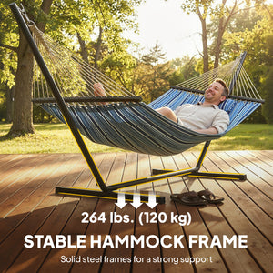Outdoor Hammock with Stand, Detachable Pillow and Spreader Bars, Heavy Duty Hammock for Outdoor, 264 lbs Capacity Steel Stand, Blue
