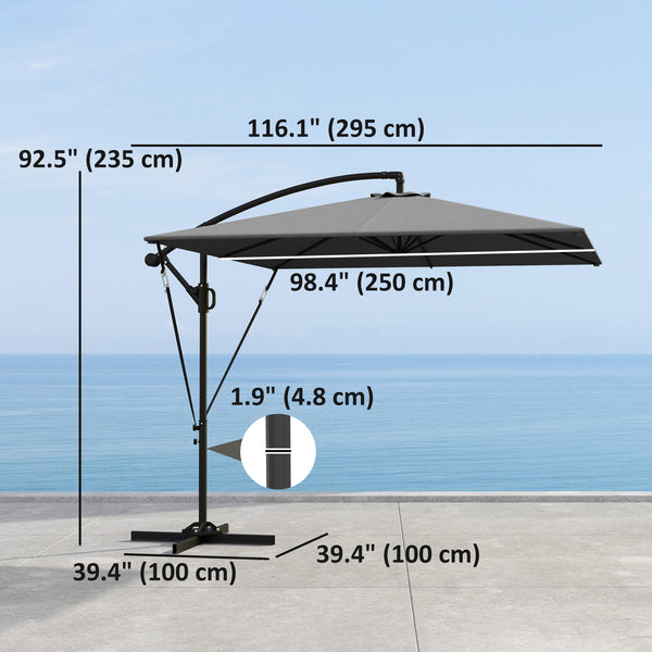 Patio Offset Umbrella UPF 50+ UV Protection, Water-Resistant, Crank Parasol with Base, Cover & Wind Securing, Tiltable Garden Umbrella for Balcony & Patio, Grey