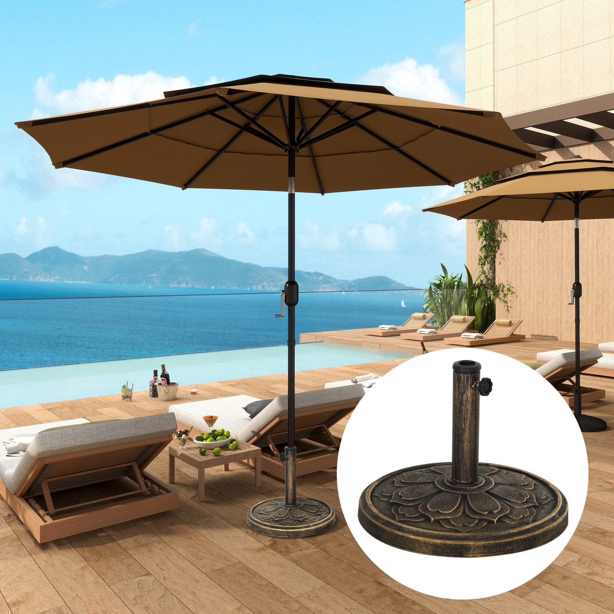 bronze patio umbrella stand Outsunny Round Patio Umbrella Base, 26 lbs Resin Outdoor Umbrella Stand Base, Patio Umbrella Stand for 1.3"/1.5"/1.9" Umbrella Poles for Outdoor, Lawn