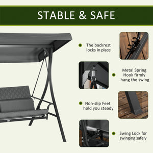 3 Person Porch Swing Bed, Outdoor Patio Swing Chair Bench Hammock with Adjustable Canopy, Cushions, Pillows for Porch and Backyard, Dark Grey