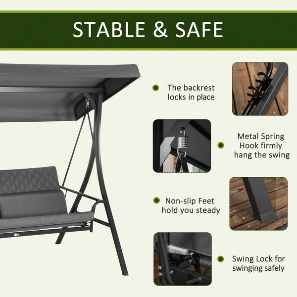3 Person Porch Swing Bed, Outdoor Patio Swing Chair Bench Hammock with Adjustable Canopy, Cushions, Pillows for Porch and Backyard, Dark Grey