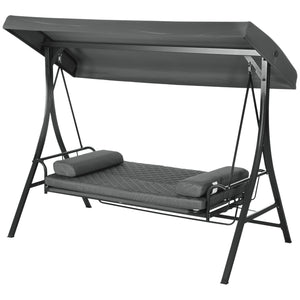 3 Person Porch Swing Bed, Outdoor Patio Swing Chair Bench Hammock with Adjustable Canopy, Cushions, Pillows for Porch and Backyard, Dark Grey