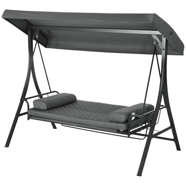 3 Person Porch Swing Bed, Outdoor Patio Swing Chair Bench Hammock with Adjustable Canopy, Cushions, Pillows for Porch and Backyard, Dark Grey