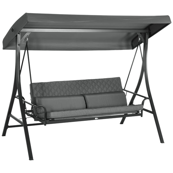 3 Person Porch Swing Bed, Outdoor Patio Swing Chair Bench Hammock with Adjustable Canopy, Cushions, Pillows for Porch and Backyard, Dark Grey