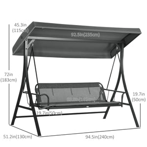 3 Person Porch Swing Bed, Outdoor Patio Swing Chair Bench Hammock with Adjustable Canopy, Cushions, Pillows for Porch and Backyard, Dark Grey