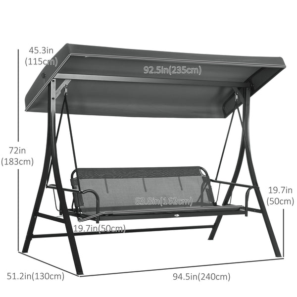 3 Person Porch Swing Bed, Outdoor Patio Swing Chair Bench Hammock with Adjustable Canopy, Cushions, Pillows for Porch and Backyard, Dark Grey