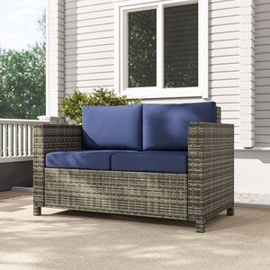 2 Seat Patio Loveseat Deluxe Wicker Sofa Chair Outdoor Rattan Furniture Couch All Weather with Cushion for Balcony, Deck, Garden and Poolside, Dark Blue
