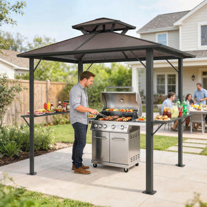 2.5 x 1.5 m Hardtop BBQ Grill Gazebo with Double Polycarbonate Roof, Aluminium Outdoor BBQ Gazebo Shelter Grill Canopy with 2 Side Shelves for Garden Patio, Brown