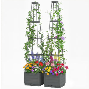 2 Pack Raised Garden Bed with Trellis, Plastic Outdoor Planter Box with Removable Drainage Tray, Tomato Cage for Climbing Plants, Vegetables, Flowers, 28 x 28 x 140 cm