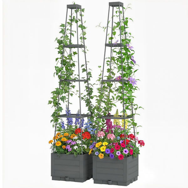 2 Pack Raised Garden Bed with Trellis, Plastic Outdoor Planter Box with Removable Drainage Tray, Tomato Cage for Climbing Plants, Vegetables, Flowers, 28 x 28 x 140 cm