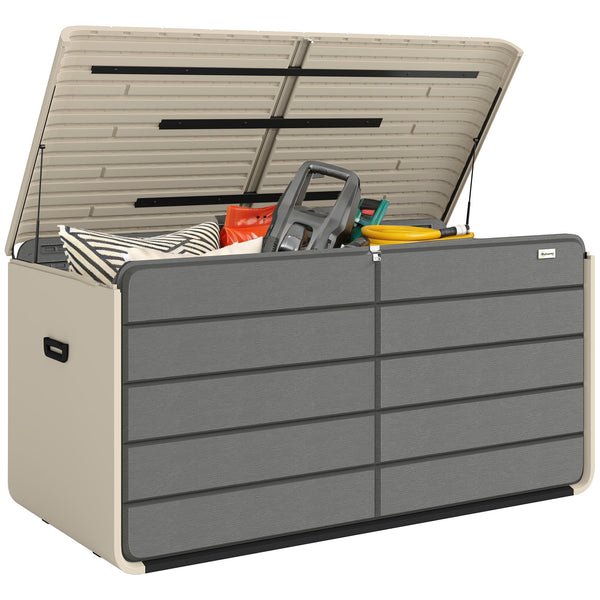 757 L Garden Storage Box, HDPE Deck Box with Wheels, Lockable Lid, Pneumatic Gas Rods and Side Handles, Outdoor Patio Storage Container for Garden Tools, Beige and Grey