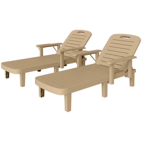 Set of 2 Resin Reclining Sun Loungers for Garden, 5 Positions Adjustable Outdoor Chaise Lounge Chair with Wood Texture Surface, Armrests, Foldable Side Table for Garden, Beach, Khaki