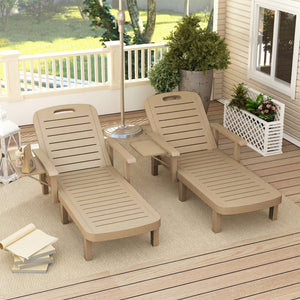 Set of 2 Resin Reclining Sun Loungers for Garden, 5 Positions Adjustable Outdoor Chaise Lounge Chair with Wood Texture Surface, Armrests, Foldable Side Table for Garden, Beach, Khaki