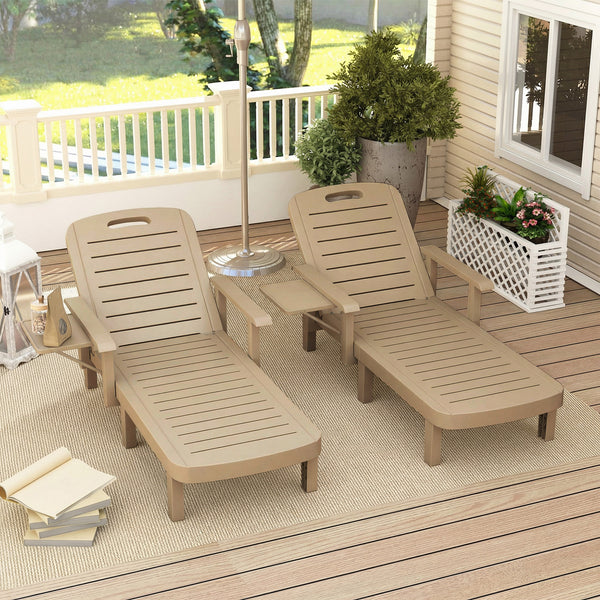 Set of 2 Resin Reclining Sun Loungers for Garden, 5 Positions Adjustable Outdoor Chaise Lounge Chair with Wood Texture Surface, Armrests, Foldable Side Table for Garden, Beach, Khaki