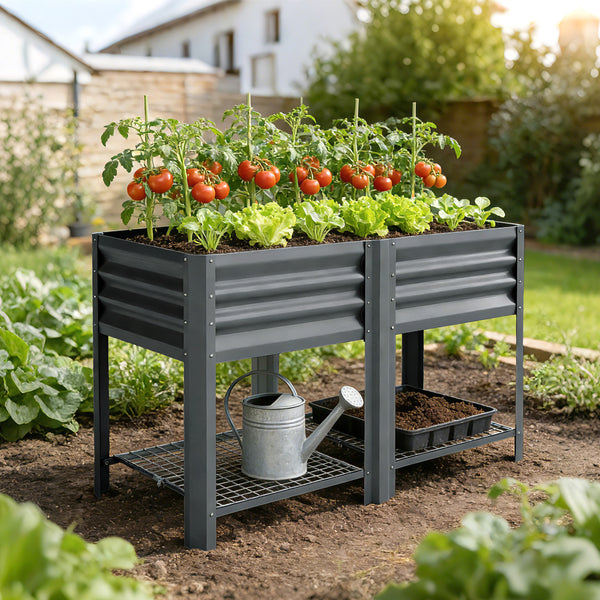 Galvanized Steel Raised Garden Bed, Elevated Planter Box with Legs and Storage Shelf, Raised Planter for Vegetables, Flowers, Herbs, for Outdoor, Patio, Yard, Dark Grey