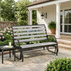 2 Person Outdoor Glider Bench, Patio Glider Swing Loveseat with Faux Wood Slatted Seat and Back, Outdoor Swing Bench with Steel Frame for Backyard, Garden, Porch, Grey